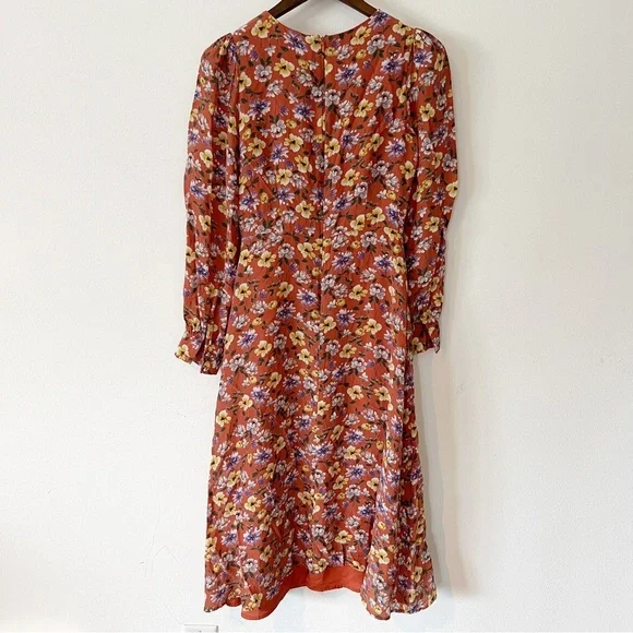 Yumi Kim So Amazing Rust Silk Floral Love Me Tender Dress Long Sleeves Pockets - Picture 13 of 14